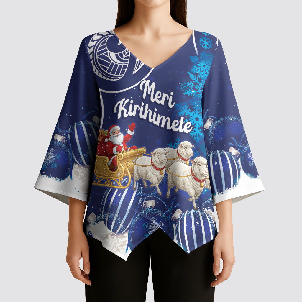 New Zealand Christmas In July Personalised Kimono Sleeve Blouse Funny Santa Sheep Meri Kirihimete Blue LT14 - Polynesian Pride