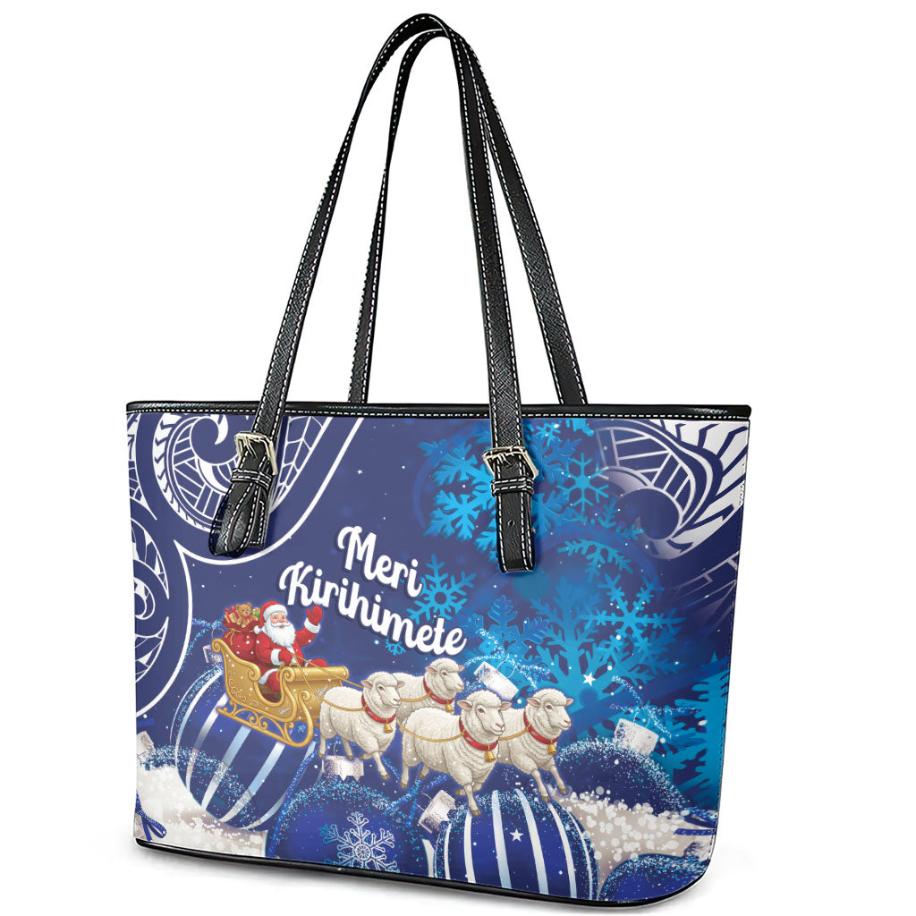 New Zealand Christmas In July Leather Tote Bag Funny Santa Sheep Meri Kirihimete Blue LT14 - Polynesian Pride