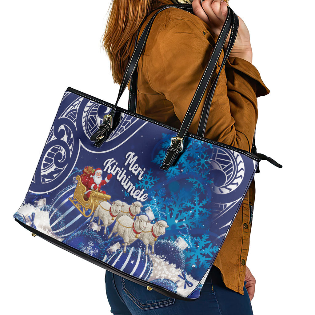 New Zealand Christmas In July Leather Tote Bag Funny Santa Sheep Meri Kirihimete Blue LT14 - Polynesian Pride