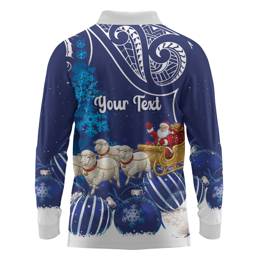 New Zealand Christmas In July Personalised Long Sleeve Polo Shirt Funny Santa Sheep Meri Kirihimete Blue LT14 - Polynesian Pride