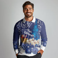New Zealand Christmas In July Personalised Long Sleeve Polo Shirt Funny Santa Sheep Meri Kirihimete Blue LT14 - Polynesian Pride