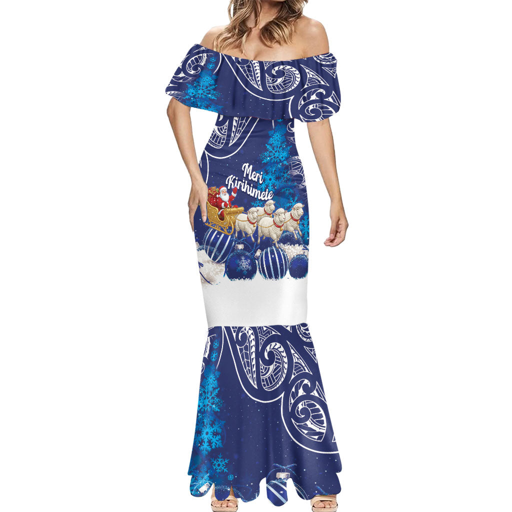 New Zealand Christmas In July Personalised Mermaid Dress Funny Santa Sheep Meri Kirihimete Blue LT14 - Polynesian Pride