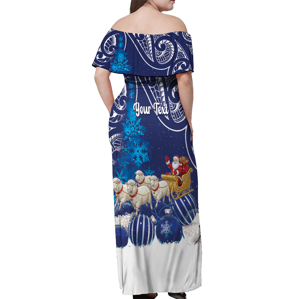 New Zealand Christmas In July Personalised Off Shoulder Maxi Dress Funny Santa Sheep Meri Kirihimete Blue LT14 - Polynesian Pride