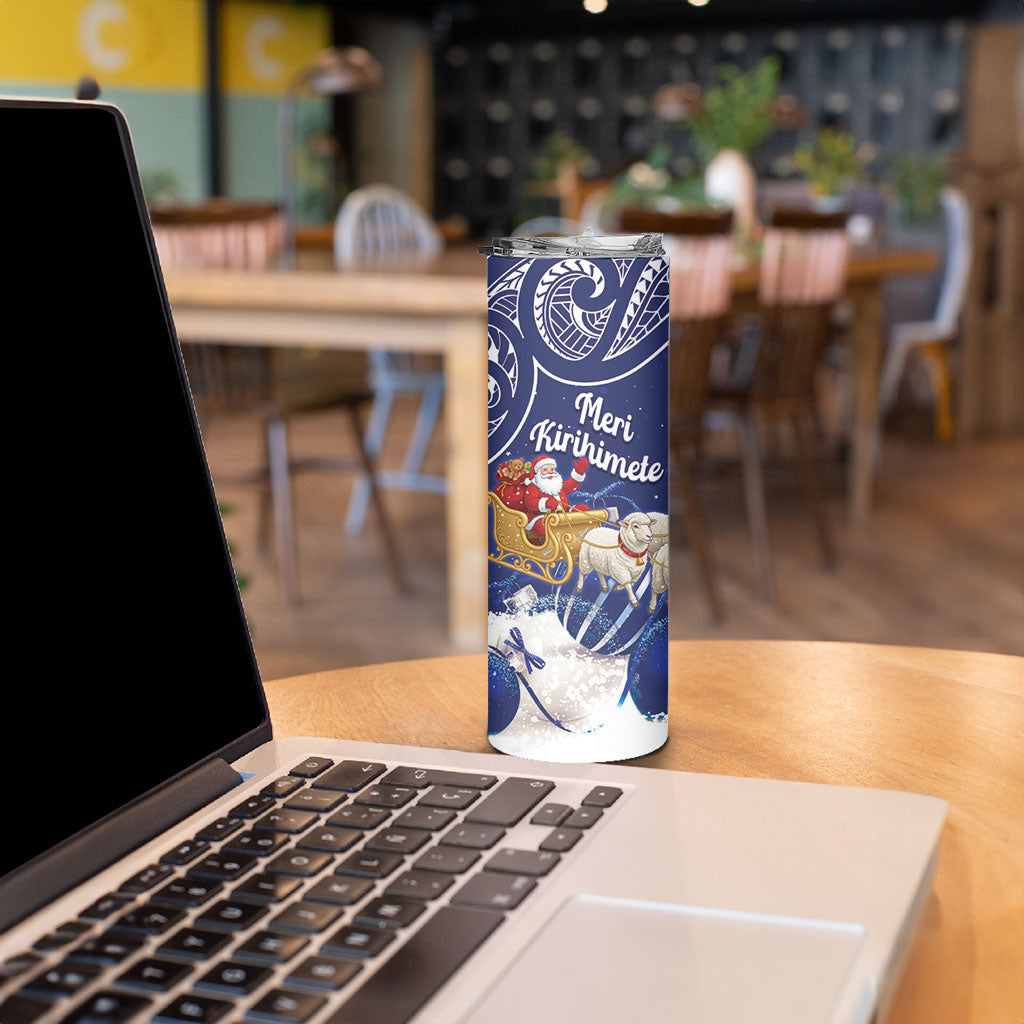 New Zealand Christmas In July Personalised Skinny Tumbler Funny Santa Sheep Meri Kirihimete Blue LT14 - Polynesian Pride
