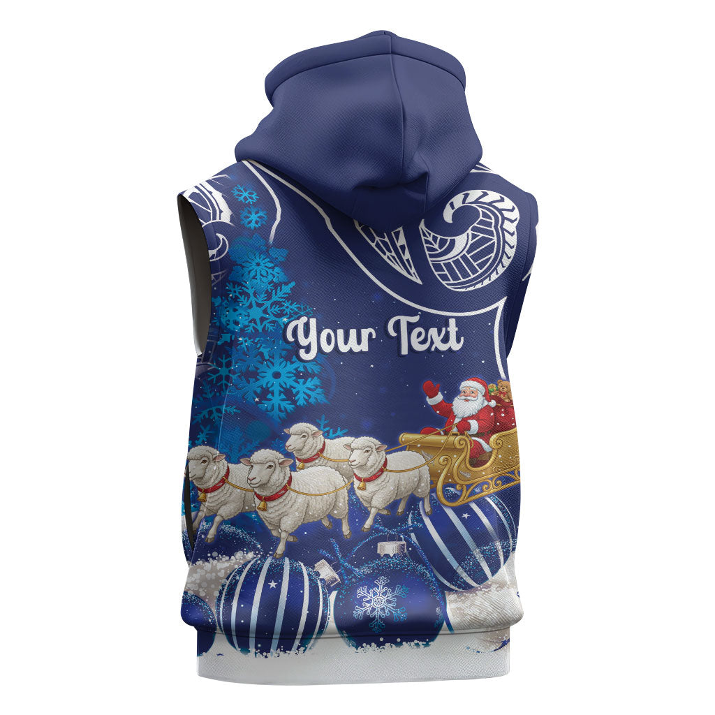 New Zealand Christmas In July Personalised Sleeveless Hoodie Funny Santa Sheep Meri Kirihimete Blue LT14 - Polynesian Pride