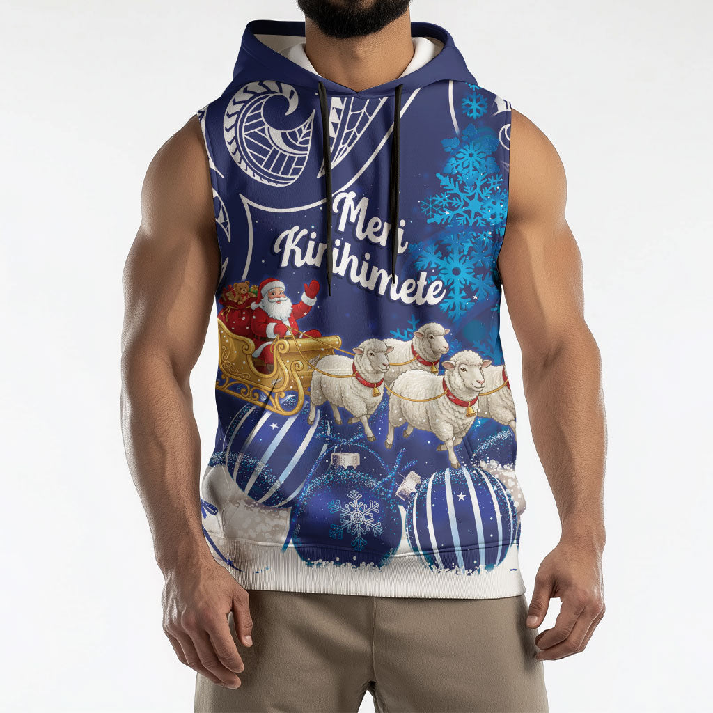 New Zealand Christmas In July Personalised Sleeveless Hoodie Funny Santa Sheep Meri Kirihimete Blue LT14 - Polynesian Pride