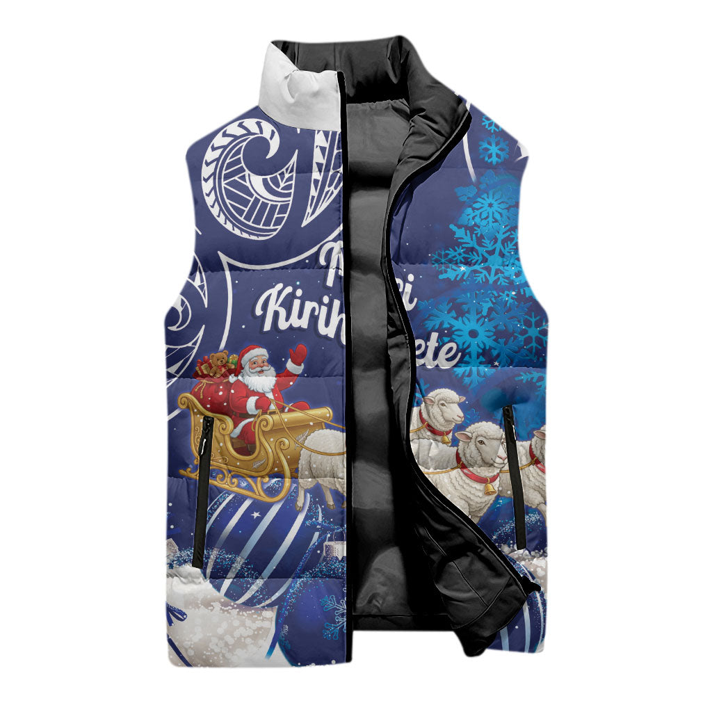 New Zealand Christmas In July Personalised Sleeveless Puffer Jacket Funny Santa Sheep Meri Kirihimete Blue