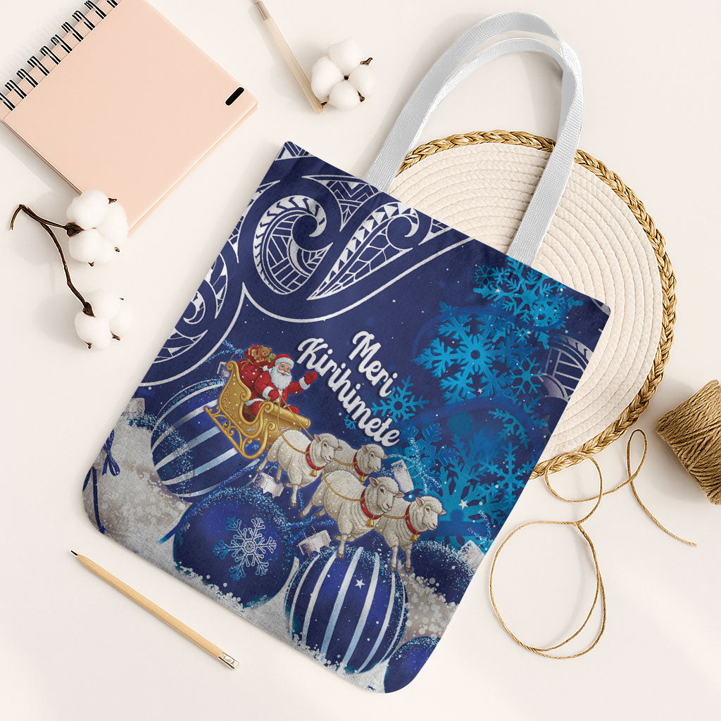 New Zealand Christmas In July Tote Bag Funny Santa Sheep Meri Kirihimete Blue LT14 White Strap One Size Blue - Polynesian Pride