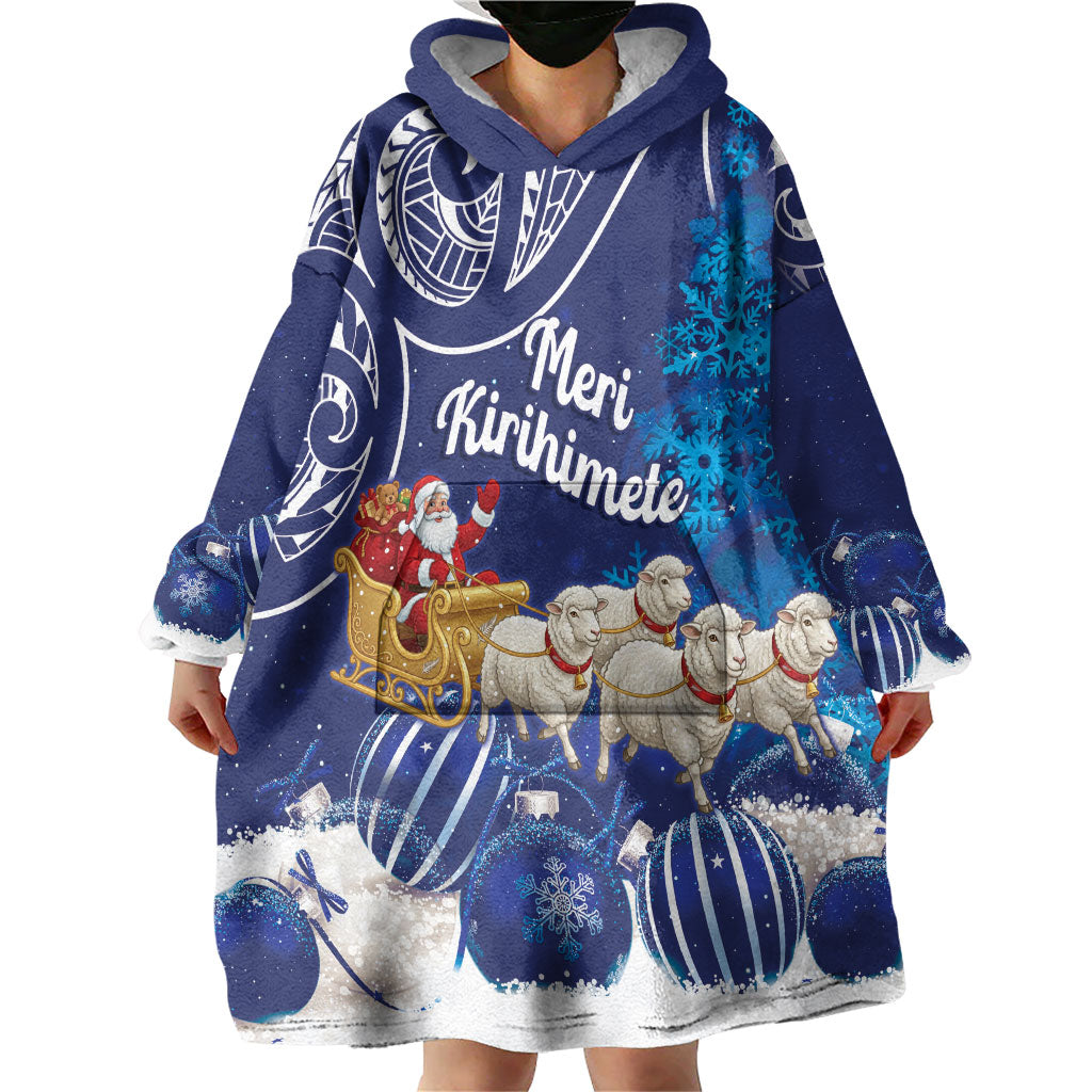 New Zealand Christmas In July Personalised Wearable Blanket Hoodie Funny Santa Sheep Meri Kirihimete Blue LT14 - Polynesian Pride