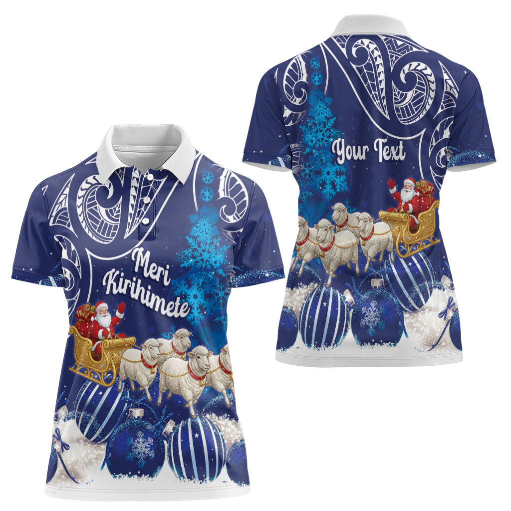 New Zealand Christmas In July Personalised Women Polo Shirt Funny Santa Sheep Meri Kirihimete Blue LT14 - Polynesian Pride