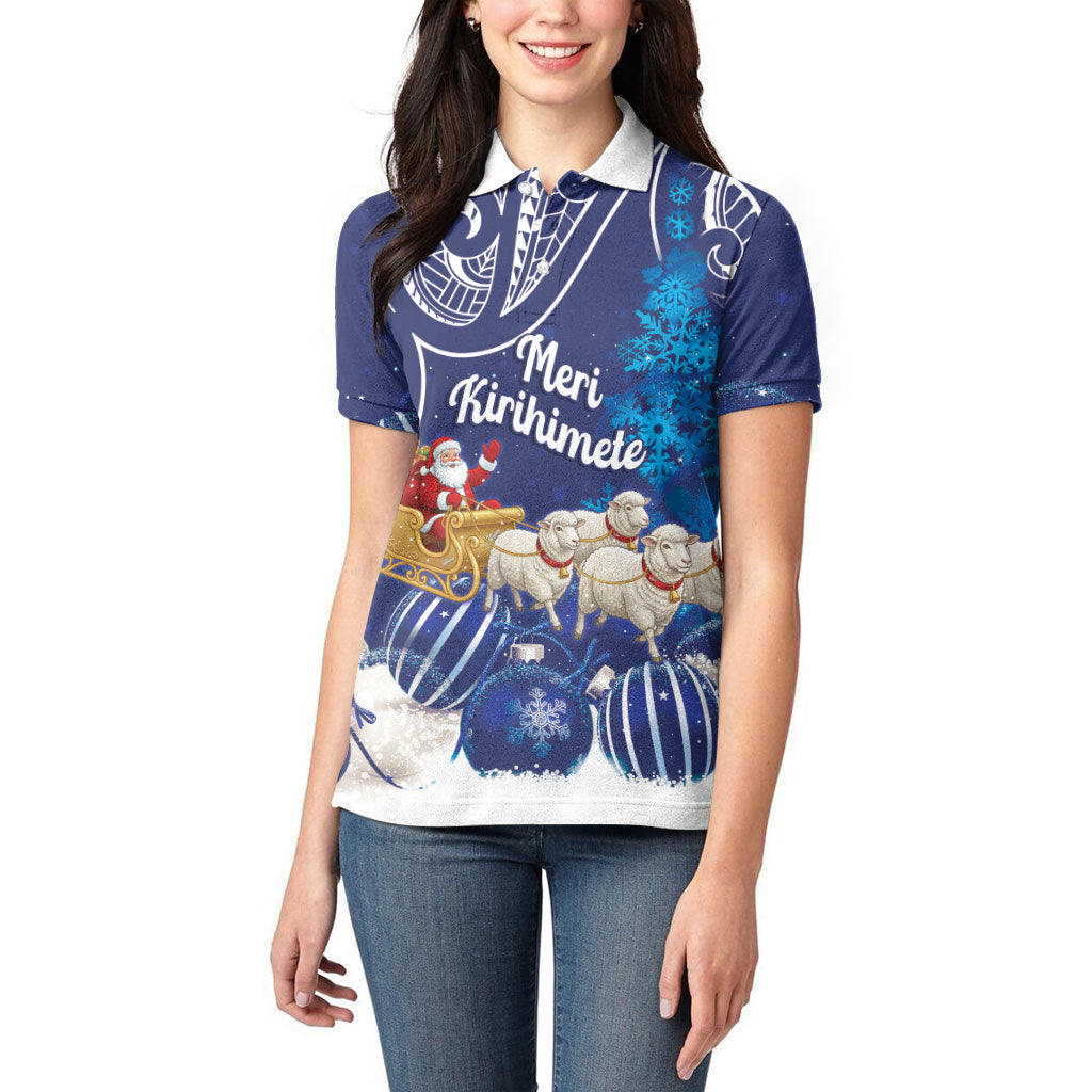 New Zealand Christmas In July Personalised Women Polo Shirt Funny Santa Sheep Meri Kirihimete Blue LT14 - Polynesian Pride