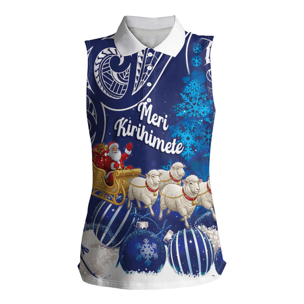 New Zealand Christmas In July Personalised Women Sleeveless Polo Shirt Funny Santa Sheep Meri Kirihimete Blue LT14 Female Blue - Polynesian Pride