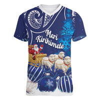 New Zealand Christmas In July Personalised Women V-Neck T-Shirt Funny Santa Sheep Meri Kirihimete Blue LT14 Female Blue - Polynesian Pride