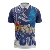 New Zealand Christmas In July Personalised Zipper Polo Shirt Funny Santa Sheep Meri Kirihimete Blue LT14 Blue - Polynesian Pride