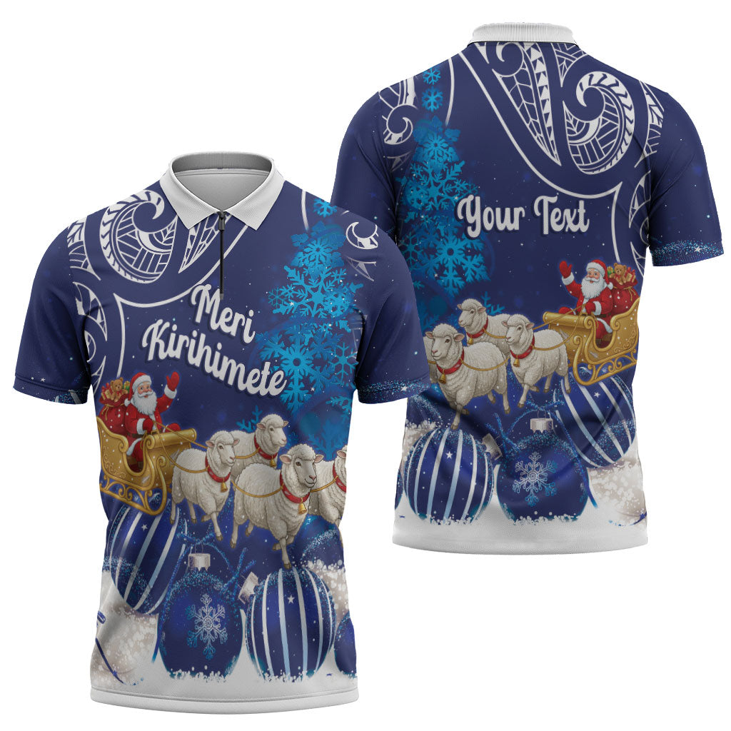 New Zealand Christmas In July Personalised Zipper Polo Shirt Funny Santa Sheep Meri Kirihimete Blue LT14 - Polynesian Pride