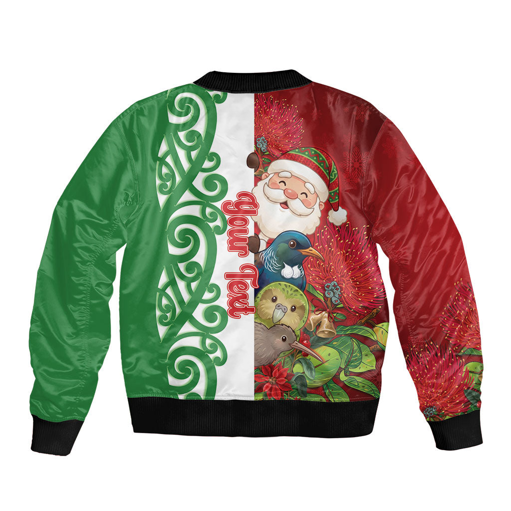 Meri Kirihimete New Zealand Personalised Bomber Jacket Cute Santa NZ Animals and Pohutukawa