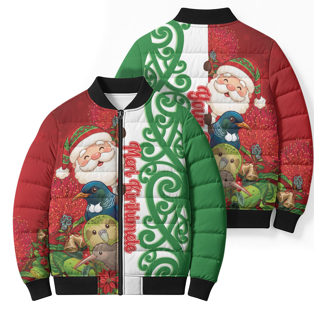 Meri Kirihimete New Zealand Personalised Bomber Puffer Jacket Cute Santa NZ Animals and Pohutukawa
