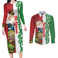 Meri Kirihimete New Zealand Personalised Couples Matching Long Sleeve Bodycon Dress and Long Sleeve Button Shirt Cute Santa NZ Animals and Pohutukawa LT14 Red - Polynesian Pride