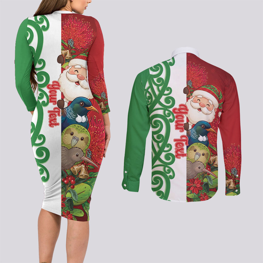 Meri Kirihimete New Zealand Personalised Couples Matching Long Sleeve Bodycon Dress and Long Sleeve Button Shirt Cute Santa NZ Animals and Pohutukawa LT14 - Polynesian Pride