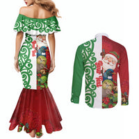Meri Kirihimete New Zealand Personalised Couples Matching Mermaid Dress and Long Sleeve Button Shirt Cute Santa NZ Animals and Pohutukawa LT14 - Polynesian Pride