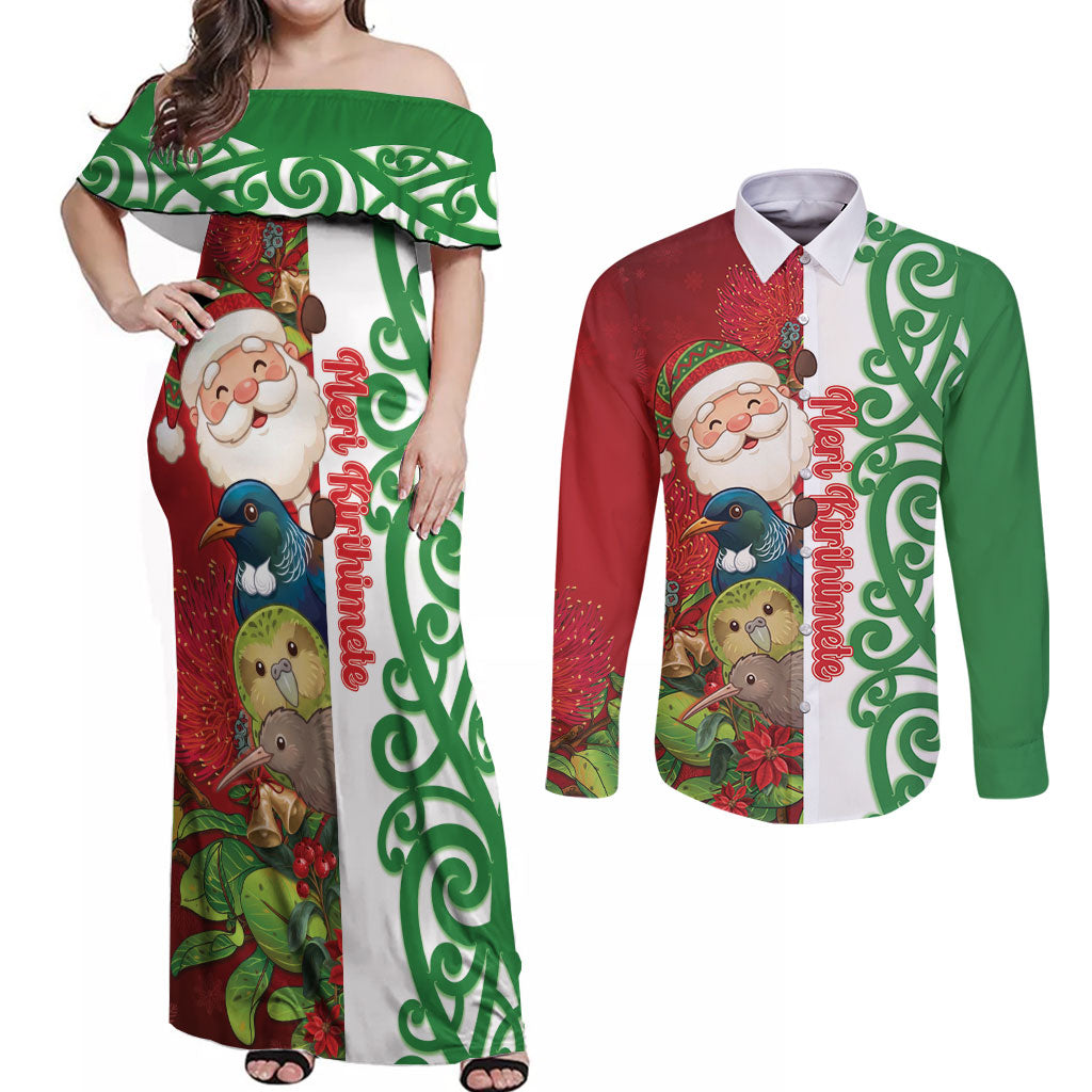 Meri Kirihimete New Zealand Personalised Couples Matching Off Shoulder Maxi Dress and Long Sleeve Button Shirt Cute Santa NZ Animals and Pohutukawa LT14 Red - Polynesian Pride