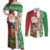 Meri Kirihimete New Zealand Personalised Couples Matching Off Shoulder Maxi Dress and Long Sleeve Button Shirt Cute Santa NZ Animals and Pohutukawa LT14 Red - Polynesian Pride