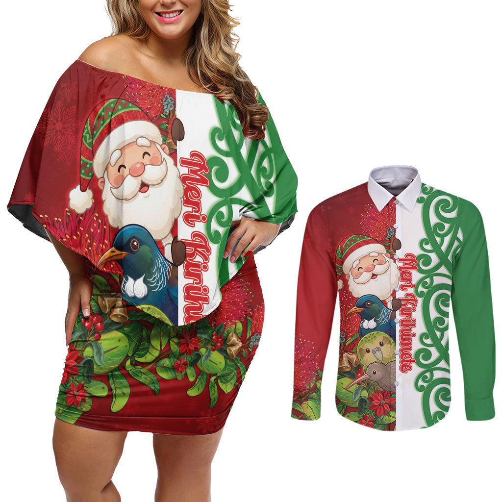 Meri Kirihimete New Zealand Personalised Couples Matching Off Shoulder Short Dress and Long Sleeve Button Shirt Cute Santa NZ Animals and Pohutukawa LT14 Red - Polynesian Pride