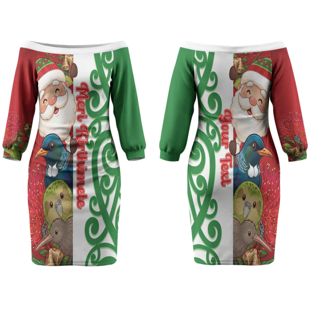 Meri Kirihimete New Zealand Personalised Couples Matching Off The Shoulder Long Sleeve Dress and Hawaiian Shirt Cute Santa NZ Animals and Pohutukawa LT14 - Polynesian Pride