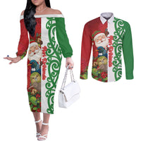 Meri Kirihimete New Zealand Personalised Couples Matching Off The Shoulder Long Sleeve Dress and Long Sleeve Button Shirt Cute Santa NZ Animals and Pohutukawa LT14 Red - Polynesian Pride