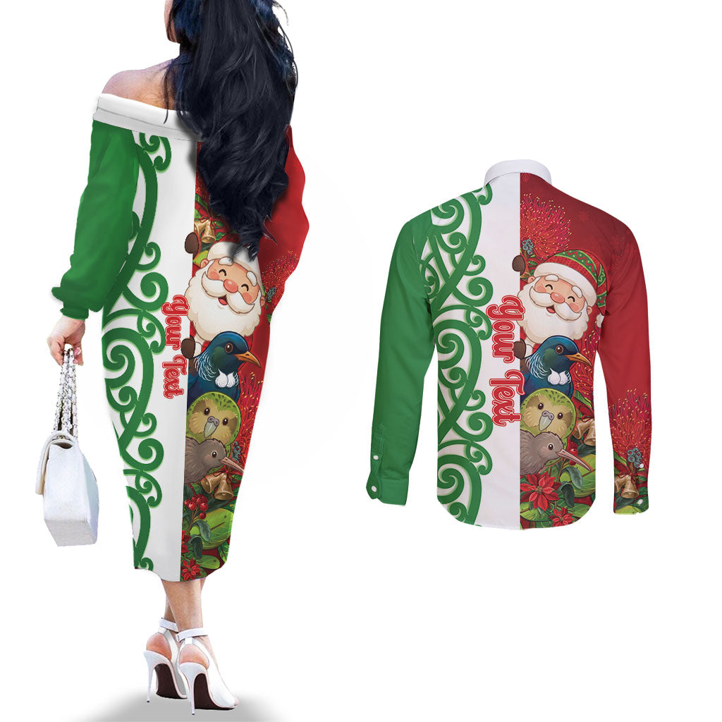 Meri Kirihimete New Zealand Personalised Couples Matching Off The Shoulder Long Sleeve Dress and Long Sleeve Button Shirt Cute Santa NZ Animals and Pohutukawa LT14 - Polynesian Pride