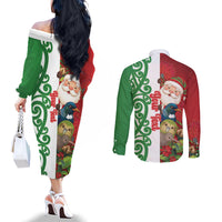 Meri Kirihimete New Zealand Personalised Couples Matching Off The Shoulder Long Sleeve Dress and Long Sleeve Button Shirt Cute Santa NZ Animals and Pohutukawa LT14 - Polynesian Pride