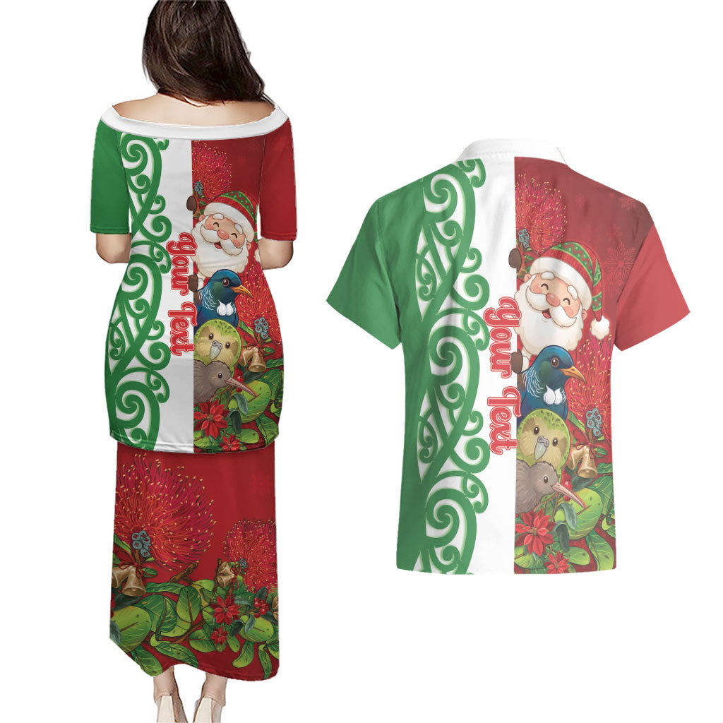 Meri Kirihimete New Zealand Personalised Couples Matching Puletasi and Hawaiian Shirt Cute Santa NZ Animals and Pohutukawa LT14 - Polynesian Pride