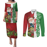 Meri Kirihimete New Zealand Personalised Couples Matching Puletasi and Long Sleeve Button Shirt Cute Santa NZ Animals and Pohutukawa LT14 Red - Polynesian Pride