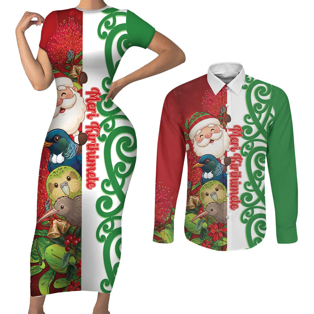Meri Kirihimete New Zealand Personalised Couples Matching Short Sleeve Bodycon Dress and Long Sleeve Button Shirt Cute Santa NZ Animals and Pohutukawa LT14 Red - Polynesian Pride