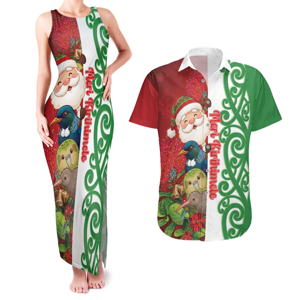 Meri Kirihimete New Zealand Personalised Couples Matching Tank Maxi Dress and Hawaiian Shirt Cute Santa NZ Animals and Pohutukawa LT14 Red - Polynesian Pride