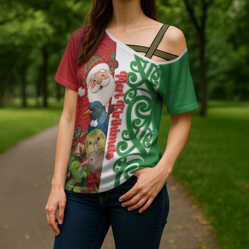 Meri Kirihimete New Zealand Personalised Cross Shoulder Shirt Cute Santa NZ Animals and Pohutukawa LT14 - Polynesian Pride