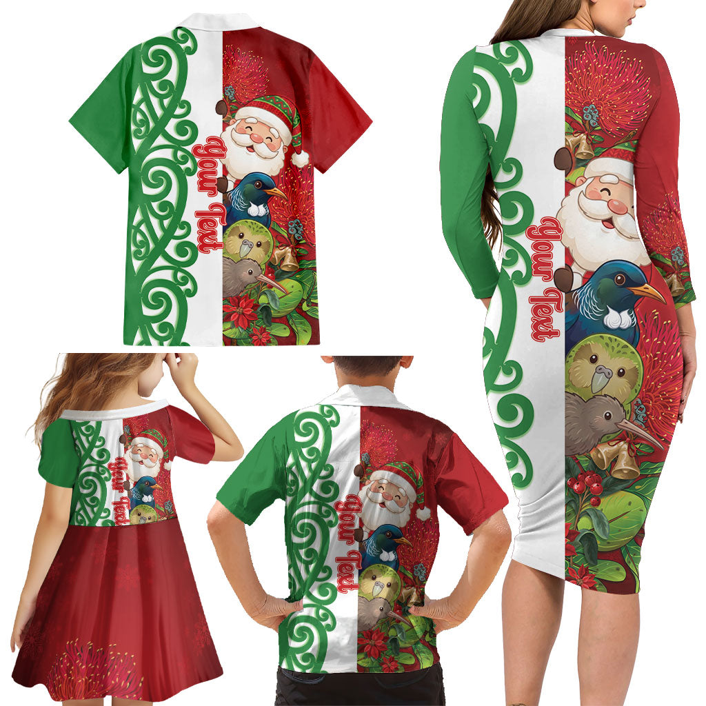 Meri Kirihimete New Zealand Personalised Family Matching Long Sleeve Bodycon Dress and Hawaiian Shirt Cute Santa NZ Animals and Pohutukawa LT14 - Polynesian Pride