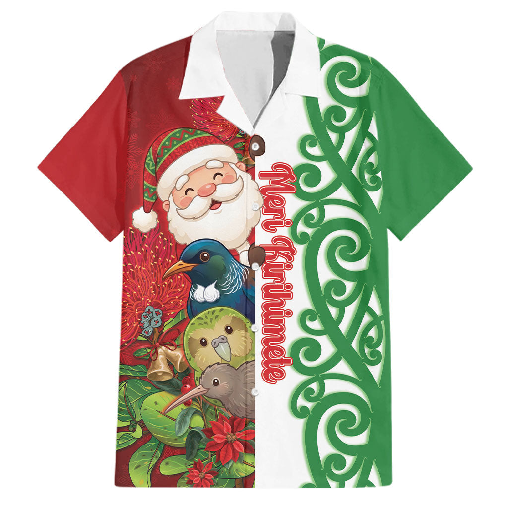 Meri Kirihimete New Zealand Personalised Family Matching Long Sleeve Bodycon Dress and Hawaiian Shirt Cute Santa NZ Animals and Pohutukawa LT14 Dad's Shirt - Short Sleeve Red - Polynesian Pride