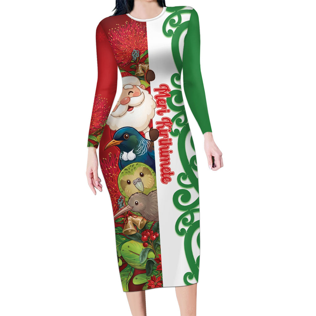 Meri Kirihimete New Zealand Personalised Family Matching Long Sleeve Bodycon Dress and Hawaiian Shirt Cute Santa NZ Animals and Pohutukawa LT14 Mom's Dress Red - Polynesian Pride