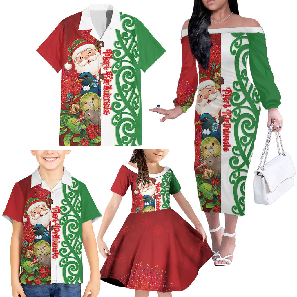Meri Kirihimete New Zealand Personalised Family Matching Off The Shoulder Long Sleeve Dress and Hawaiian Shirt Cute Santa NZ Animals and Pohutukawa LT14 - Polynesian Pride