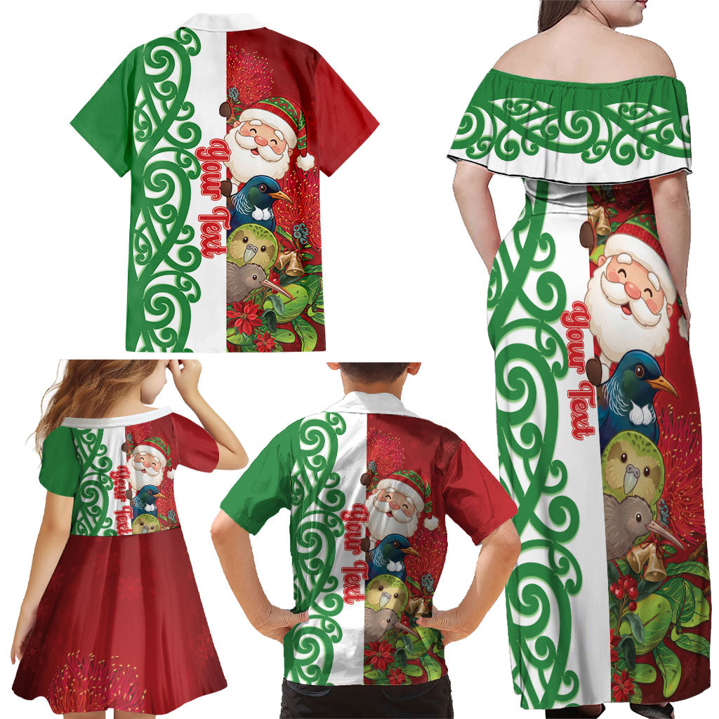 Meri Kirihimete New Zealand Personalised Family Matching Off Shoulder Maxi Dress and Hawaiian Shirt Cute Santa NZ Animals and Pohutukawa LT14 - Polynesian Pride