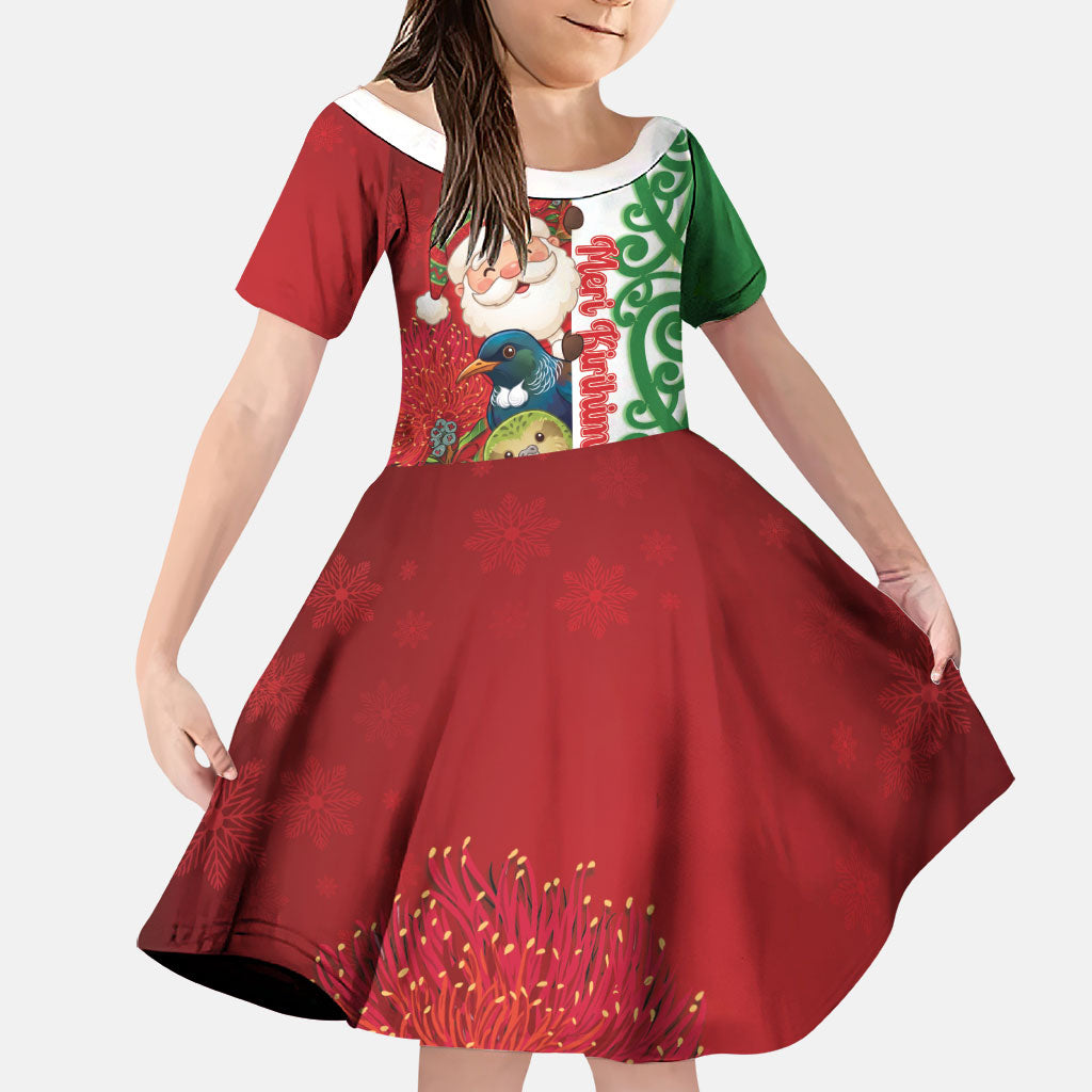 Meri Kirihimete New Zealand Personalised Family Matching Off Shoulder Short Dress and Hawaiian Shirt Cute Santa NZ Animals and Pohutukawa LT14 Daughter's Dress Red - Polynesian Pride