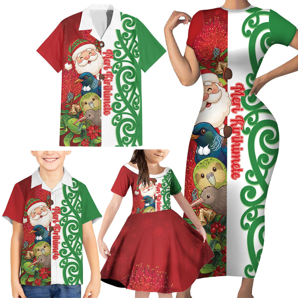 Meri Kirihimete New Zealand Personalised Family Matching Short Sleeve Bodycon Dress and Hawaiian Shirt Cute Santa NZ Animals and Pohutukawa LT14 - Polynesian Pride
