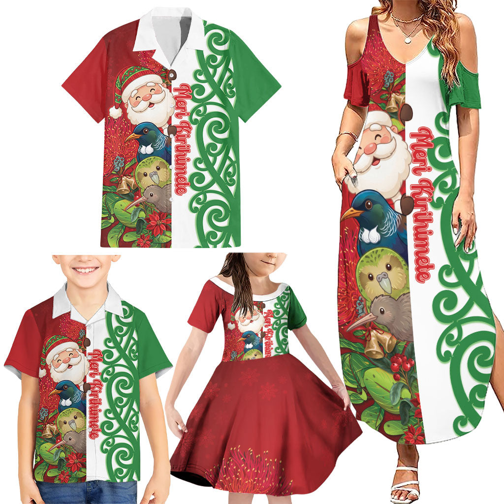 Meri Kirihimete New Zealand Personalised Family Matching Summer Maxi Dress and Hawaiian Shirt Cute Santa NZ Animals and Pohutukawa LT14 - Polynesian Pride