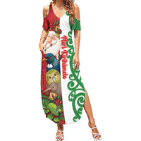 Meri Kirihimete New Zealand Personalised Family Matching Summer Maxi Dress and Hawaiian Shirt Cute Santa NZ Animals and Pohutukawa LT14 Mom's Dress Red - Polynesian Pride