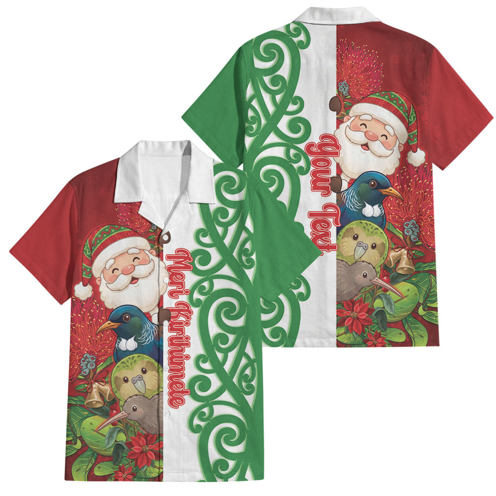 Meri Kirihimete New Zealand Personalised Family Matching Tank Maxi Dress and Hawaiian Shirt Cute Santa NZ Animals and Pohutukawa LT14 Dad's Shirt - Short Sleeve Red - Polynesian Pride