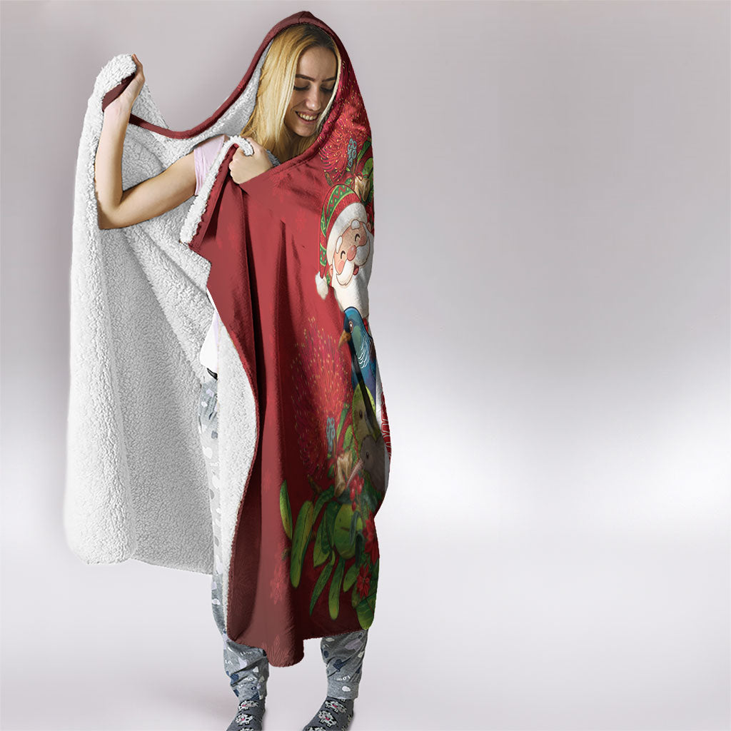 Meri Kirihimete New Zealand Hooded Blanket Cute Santa NZ Animals and Pohutukawa LT14 - Polynesian Pride
