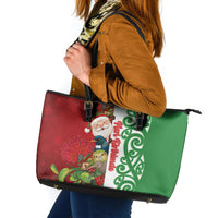 Meri Kirihimete New Zealand Leather Tote Bag Cute Santa NZ Animals and Pohutukawa LT14 Red - Polynesian Pride