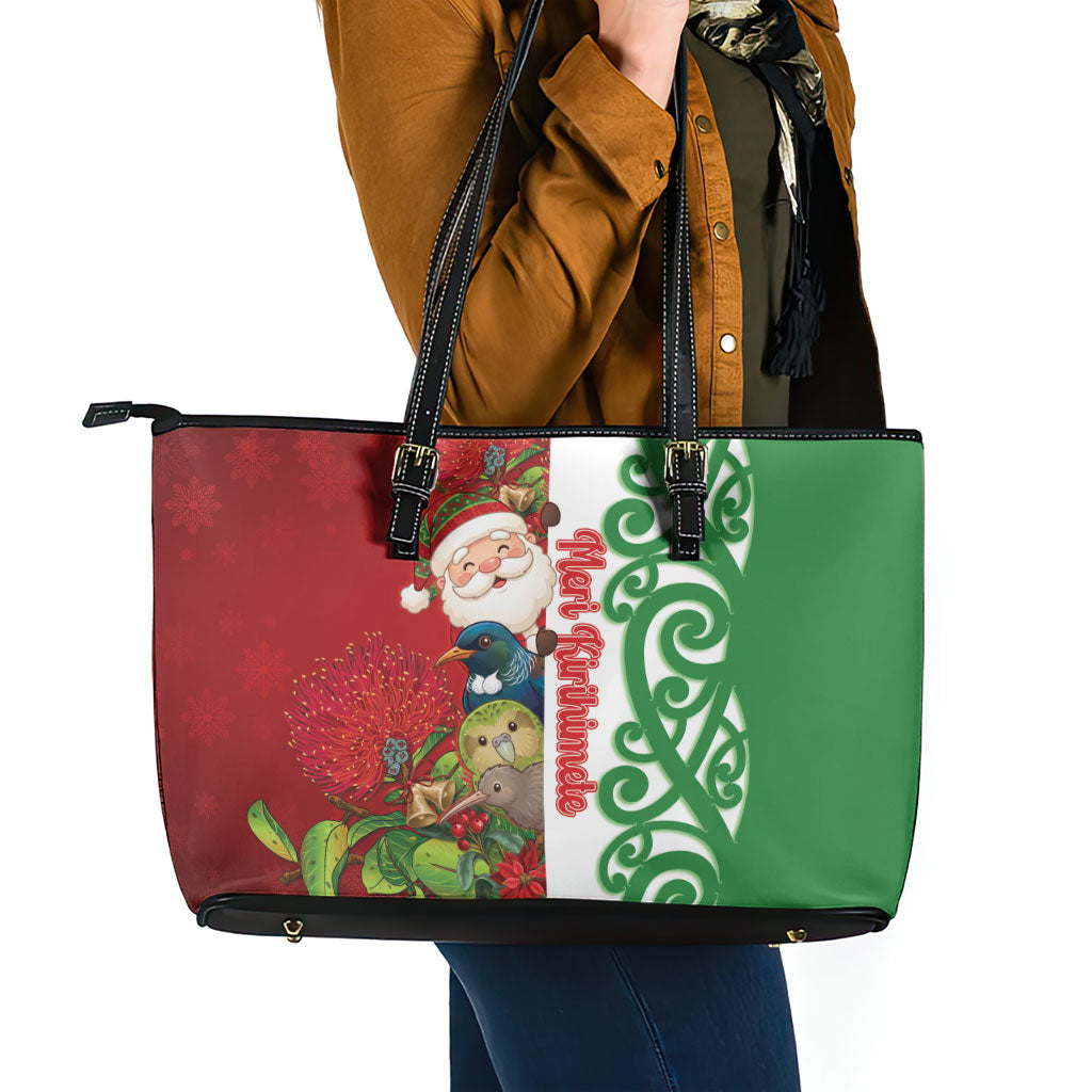 Meri Kirihimete New Zealand Leather Tote Bag Cute Santa NZ Animals and Pohutukawa LT14 - Polynesian Pride