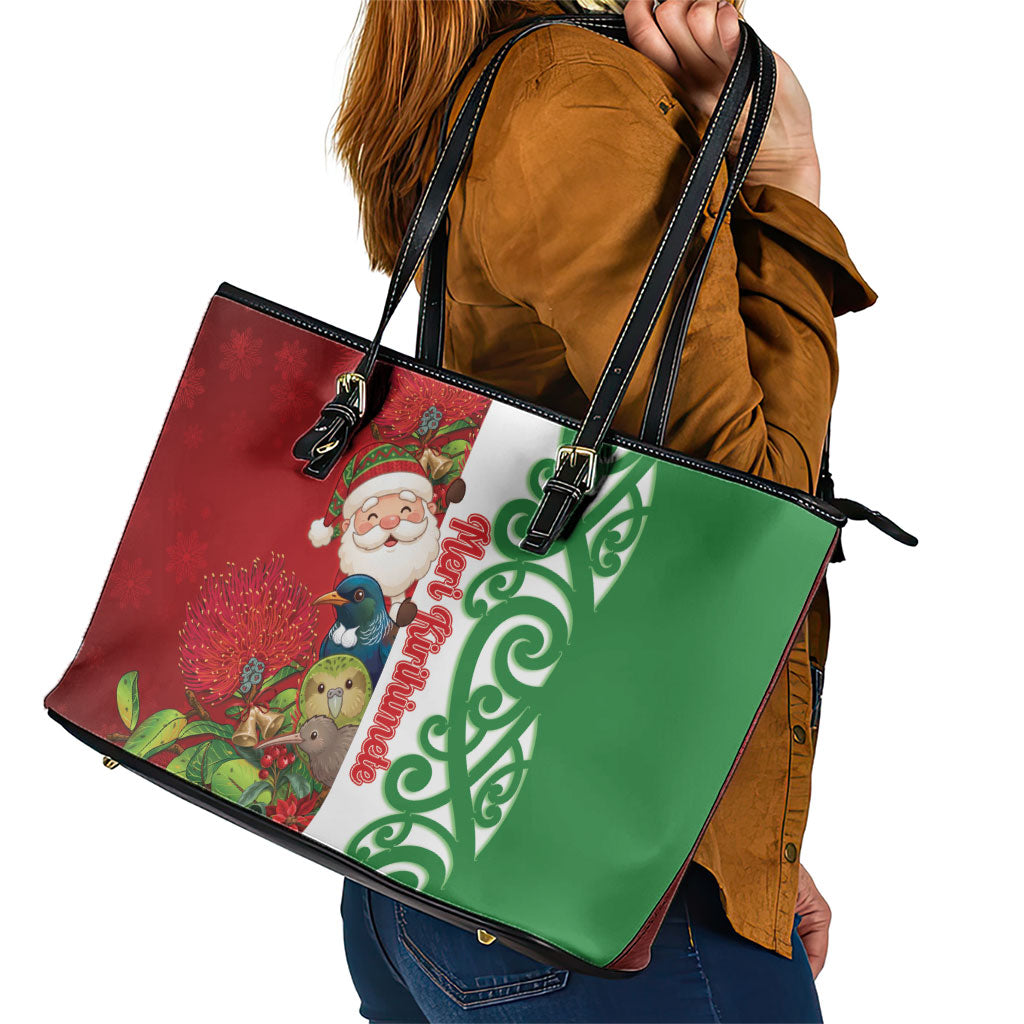 Meri Kirihimete New Zealand Leather Tote Bag Cute Santa NZ Animals and Pohutukawa LT14 - Polynesian Pride